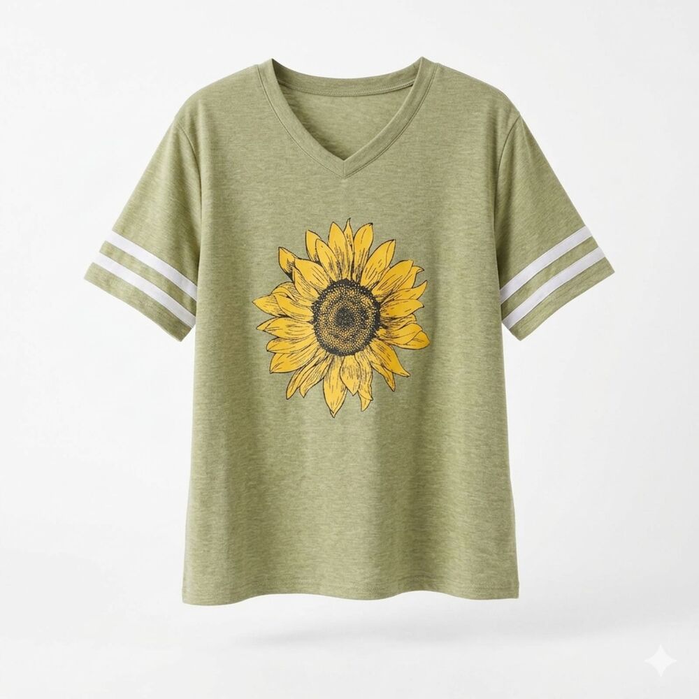 Soft‎ Sage Green Sunflower Graphic Tee Varsity Stripe Sleeves Size 2X